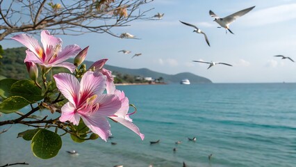 Pink Bauhinia Flowers Coastal Scene Turquoise Ocean Seagulls Flying Sunny Day orchid tree pink flowers