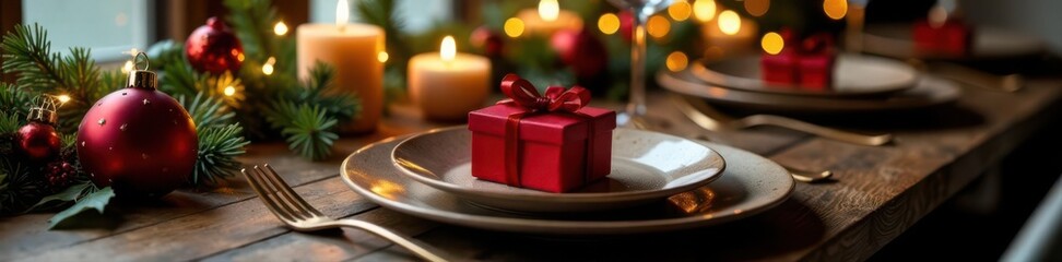 Elegant Christmas table setting Dark wood, craft plates, cutlery, gift box, festive decor , candles, copy space