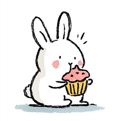 Whimsical watercolor illustration of a happy bunny holding a frosted cupcake, cute art.