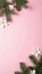 Elegant pink flatlay; white decorations & fir sprigs , winter holidays, christmas tree
