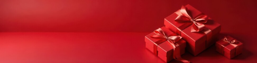 Elegant red & gold gift boxes with satin ribbons, xmas, surface