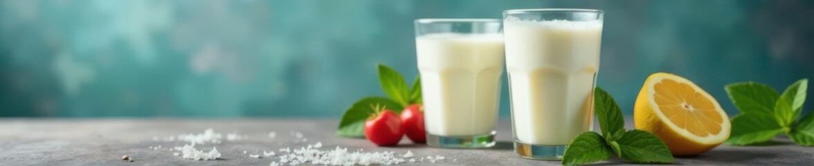 Full glasses of fresh milk against weathered backdrop , photography, drinkware, table