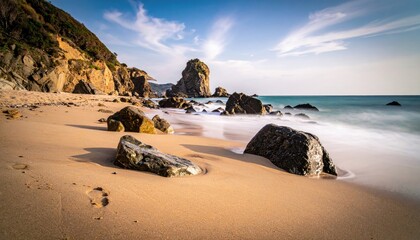 Seascape View of Sandy Beach with Rock Formations under Blue Sky Serene Coastal Scene with Golden Sand Turquoise Waters and Rocky Outcrops