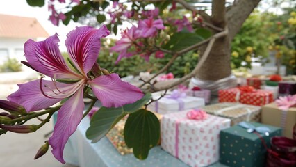 Purple Bauhinia Flower Blooming Near Wrapped Pink White Red Green Presents Orchid Tree Butterfly Tree