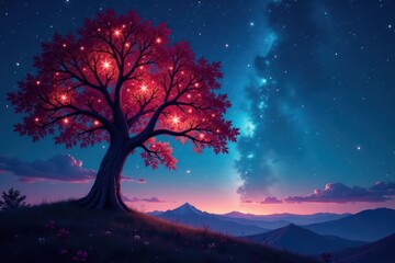 Joyful starlit tree pattern; light background, vibrant hues , print, spring, holiday