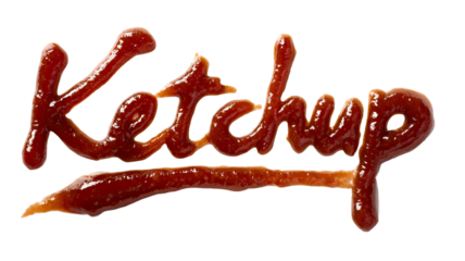 Word ketchup written with ketchup sauce showing red liquid lettering typography in tasty food style isolated on white background
