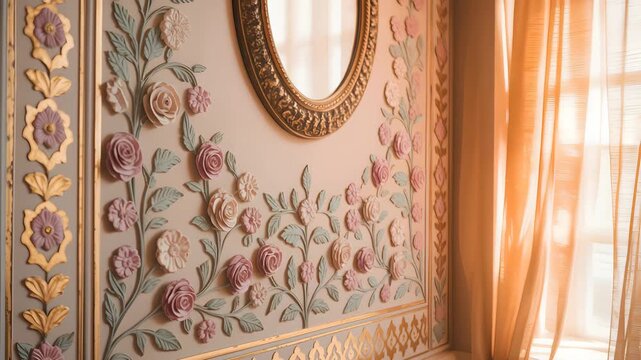 Ornate floral bas-relief plasterwork wall with pastel roses, gold trim, and an antique mirror in a luxury interior.  4k hd video download