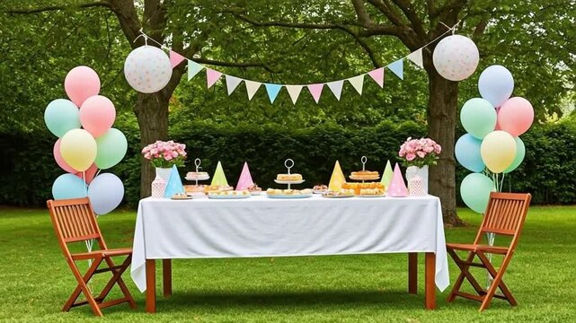 Outdoor Party Setup with Table Balloons and Decorations in the Garden.