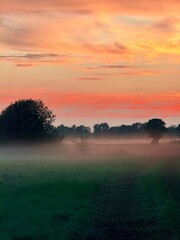 fantastic colorful sky after the sunset, fog at the field, countryside fantastic purple evening