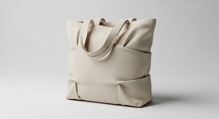 A simple, unadorned beige canvas tote bag with sturdy handles, presented against a clean, neutral background