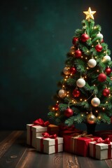 Ornate Christmas tree, gifts beneath, festive backdrop, silver, holiday, gift wrapping