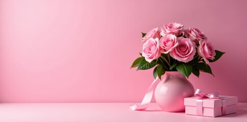 Fototapeta premium Pink rose bouquet, elegant vase, ribbons, gift box, pastel background, studio, ribbon, table