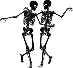 Two Silhouetted Skeletons Dancing Together With Arms Outstretched on White Background