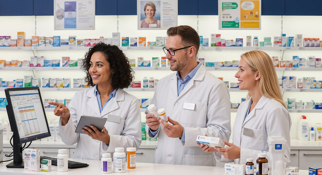 Happy pharmacists discussing prescriptions and medications in a pharmacy.