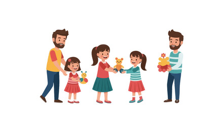 Obraz premium Two fathers gifting stuffed animals to their daughters in a heartwarming scene.