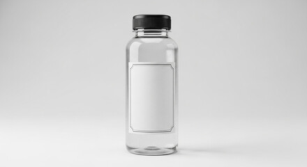 Clear plastic bottle filled with clear liquid, featuring a blank white label and a black cap, isolated on a white background