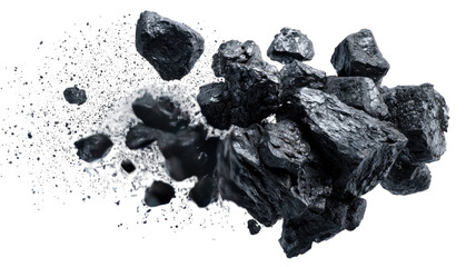 Obraz premium Pieces of coal flying in the air with black solid mineral chunks showing energy fuel detail isolated on white background