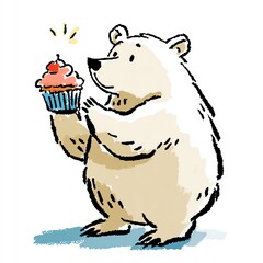 Watercolor illustration of a happy bear holding a cupcake with a cherry on top.