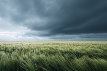 Dramatic landscape featuring a field of green grain blowing in the wind beneath a dark, ominous storm cloud. Evokes power, change, and the beauty of nature.