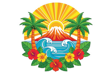 Vector art of tropical island paradise, featuring palm trees, hibiscus flowers, waves, and a volcano with a radiant sun, perfect for vacation themes © S.Siam