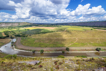 Aerial view with River Raut and fields seen from trail in Old Orhei - Orheiul Vechi natural and historical complex near Trebujeni village, Moldova