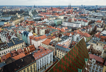 Obraz premium Aerial view from tower of St Elisabeth Basilica in historic part of Wroclaw, Poland
