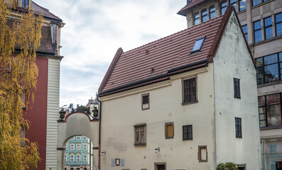 Famous townhouses called Hansel and Gretel in historic part of Wroclaw city, Poland