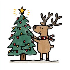 Cute reindeer decorates a festive tree with ornaments and a shining star on top.