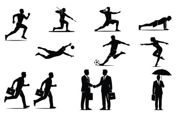 Vector art of silhouette of people in various activities includes running, javelin, stretching, pushups, diving, soccer, walking, handshake, and holding umbrella