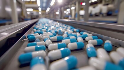 blue and white pills on a conveyor belt in a medical factory
