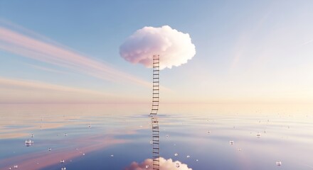 Surreal scene of a ladder leading to a cloud over the ocean, symbolizing dreams and aspirations