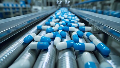 blue and white capsule pills on a production line in a factory