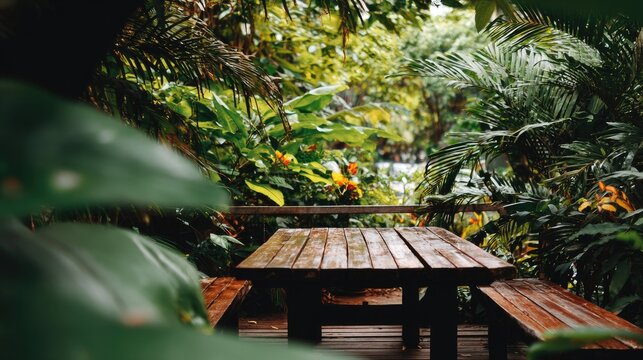 Wooden Picnic Table In Lush Tropical Garden