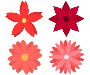 A collection of four flat vector flowers in different shapes and shades of red and pink, designed in a simple modern style.