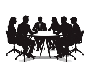 Team silhouette in discussion, brainstorming and corporate teamwork activity isolated on transparent background.