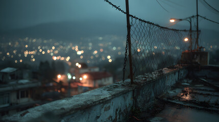 Abandoned Rooftop with Rusted Fence and City Lights at Night