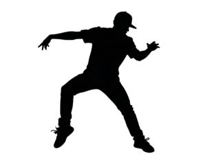 Hip hop dancer silhouette, man performing breakdance move isolated on transparent background.