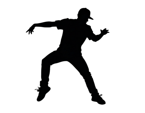 Hip hop dancer silhouette, man performing breakdance move isolated on transparent background.