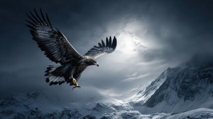 Naklejka premium Majestic Eagle in Flight Over Snowy Mountains