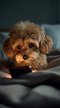 Adorable Dog in Bed Looking at Smartphone