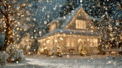 Fototapeta premium A house with Christmas lights on the background of a snowy forest. 
