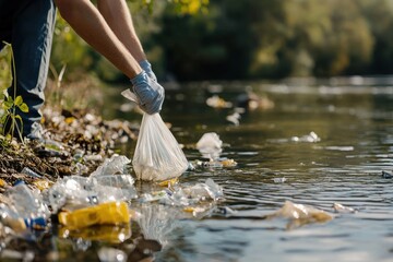 Community cleanup event volunteer collects trash by the riverbank environmental awareness outdoor close-up perspective