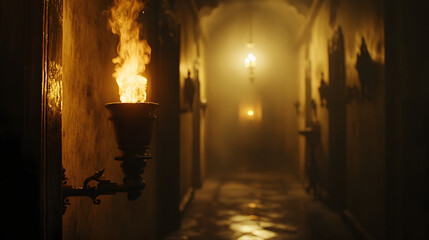 Ancient Torch in Dark Corridor &ndash; Medieval Monastery Atmosphere
