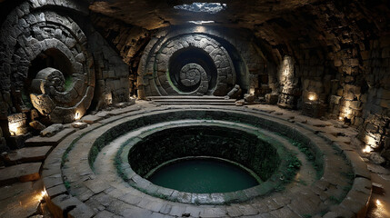 Ancient Underground Mayan Temple with Circular Stone Structures