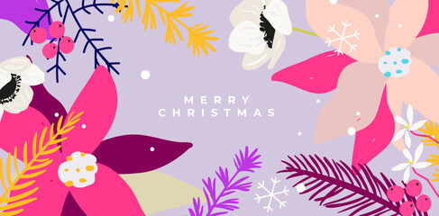 Merry Christmas greeting card, banner, poster, cover. Modern beautiful Xmas art design with hand drawn flowers, holly berries, snowflakes pattern and typography. 