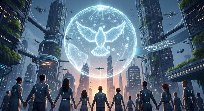 A group of people holding hands, facing a futuristic cityscape with a glowing dove symbol representing peace and unity.