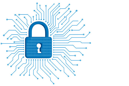 A future technology concept featuring security and cyber protection, depicted with a front view of a padlock binary code printed on a circuit surface against a white background, leaving space for an