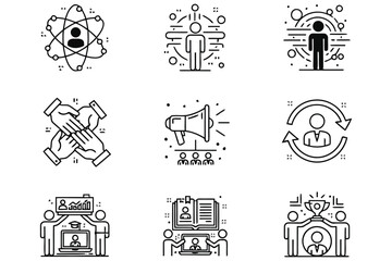 Vector art of a set of business and management icons, including teamwork, leadership, training, and success, all in a clean and modern line style