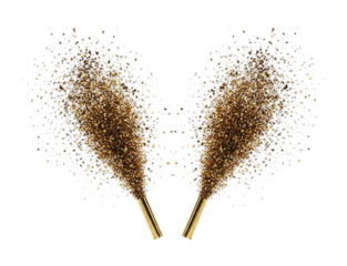 Two golden party poppers exploding with confetti isolated on transparent background, perfect for celebrating a special occasion or event