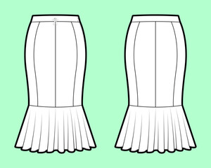 Panel Seam Trumpet Skirt Technical Flat Sketch with Front and Back.